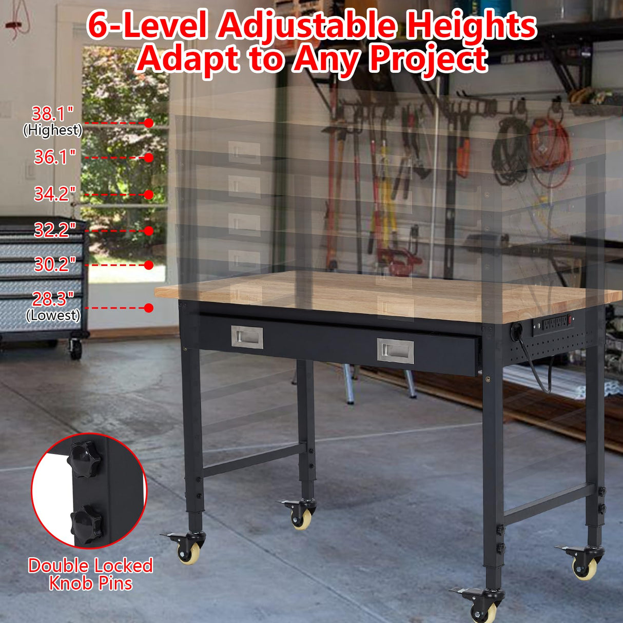 Sunvasagoo Adjustable Height Workbench - 48" Heavy Duty 2000 LB Load Capacity, Solid Rubber Wood Top, Sturdy Metal Frame, Workstation with Drawer, 4 Rolling Casters, Power Outlets for Garage Workshop Sunvasagoo