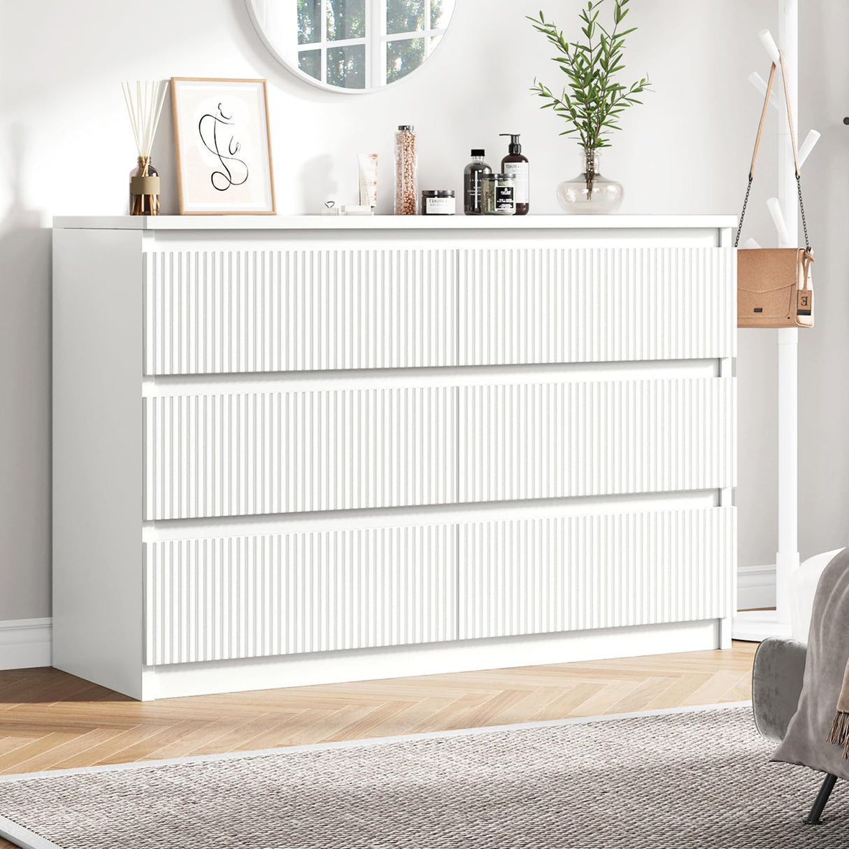 Jocoevol White Dresser 6 Drawer Dresser for Bedroom, Modern Fluted Dresser with Deep Drawers, Large Double Wooden Dresser Chest of Drawers for Living Room, Hallway, Entryway (White) Jocoevol