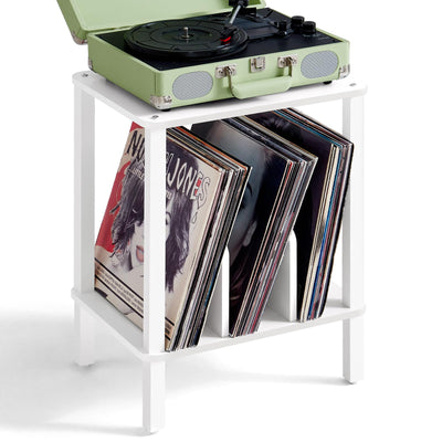 LELELINKY 2-Tier Record Player Stand with Vinyl Record Storage up to 100 Albums, Bedroom Record Holder and Multi-Functional End Table for Living Room, White