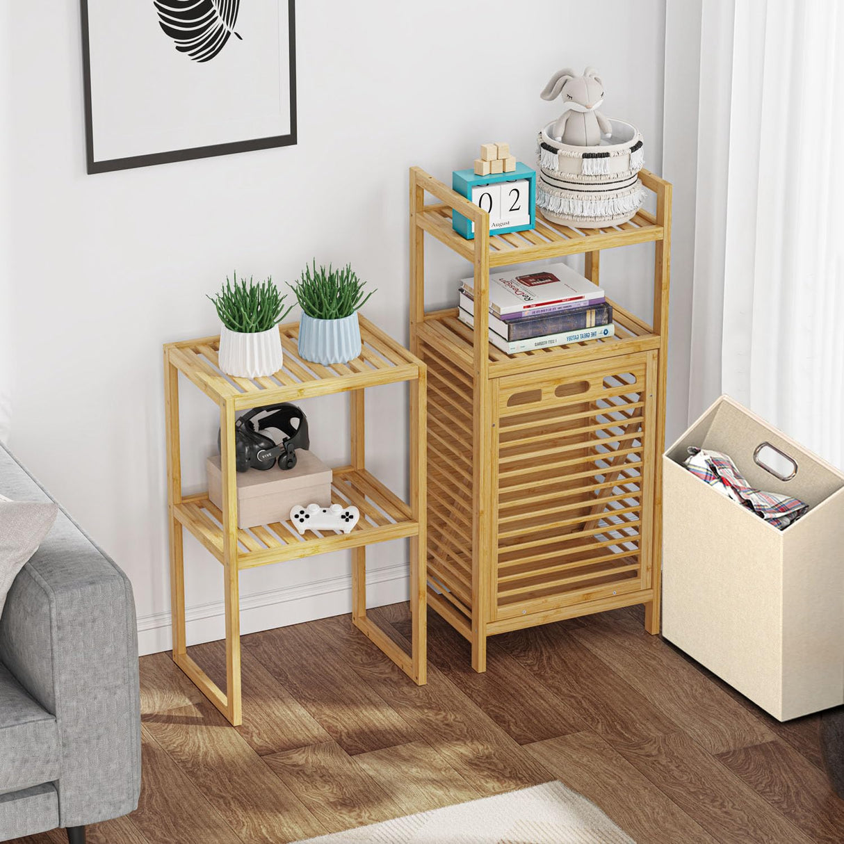 BAMBOOHOMIE Bamboo Tilt Out Laundry Hamper, 4-Tier Tilt Out Hamper for Laundry with Shelf & Removable Clothes Basket - Can Convert to 2-Tier Pull-Out Laundry Hamper & 2 Tier Freestanding Shelf, Beige BAMBOOHOMIE