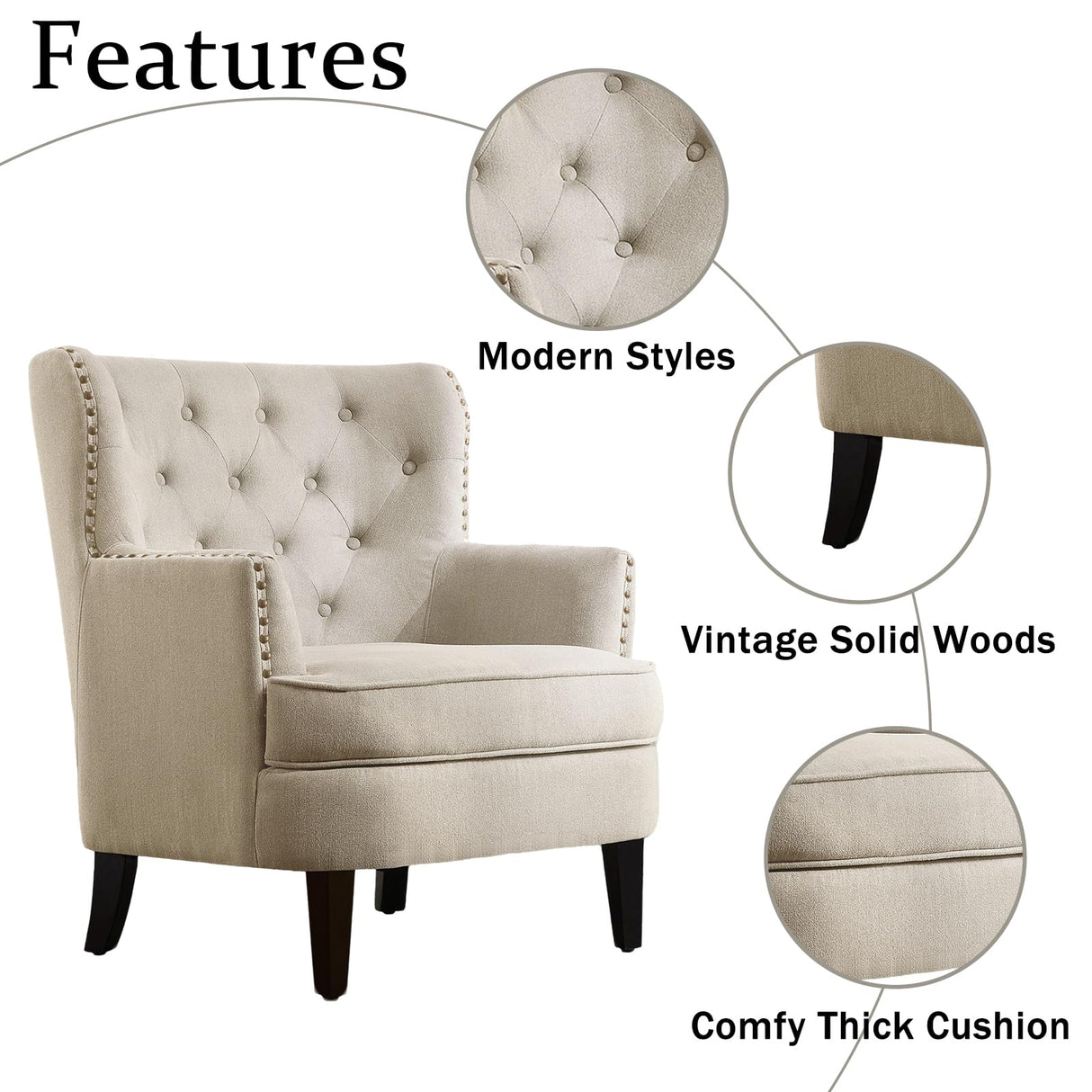 Hevaotry Velvet Upholstered Wingback Chair, 34.5”H Comfy Tufted Button Accent Chair, American Retro Barrel Chair, Contemporary Nailhead Armchair for Living Room, Bedroom, Reception Room, Beige Hevaotry