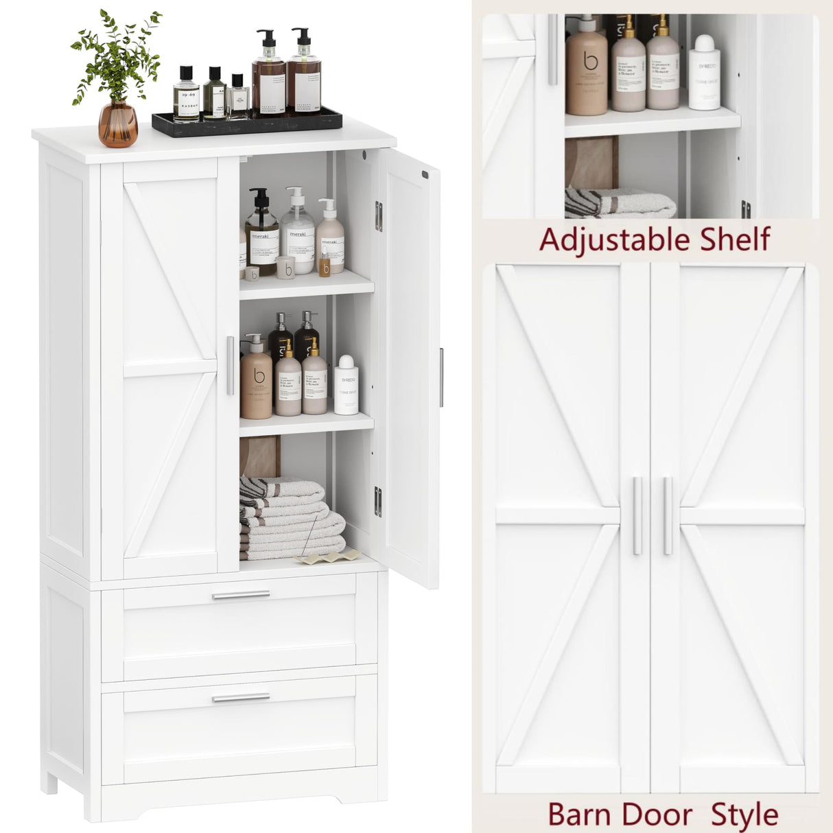 Keehusux 50.4" H Bathroom Storage Cabinet, Modern Floor Cabinet with Adjustable Shelf, Small Pantry with 2 Doors & Drawers, Storage Cabinet for Bathroom, Living Room, Kitchen, White KES007WCWG Keehusux