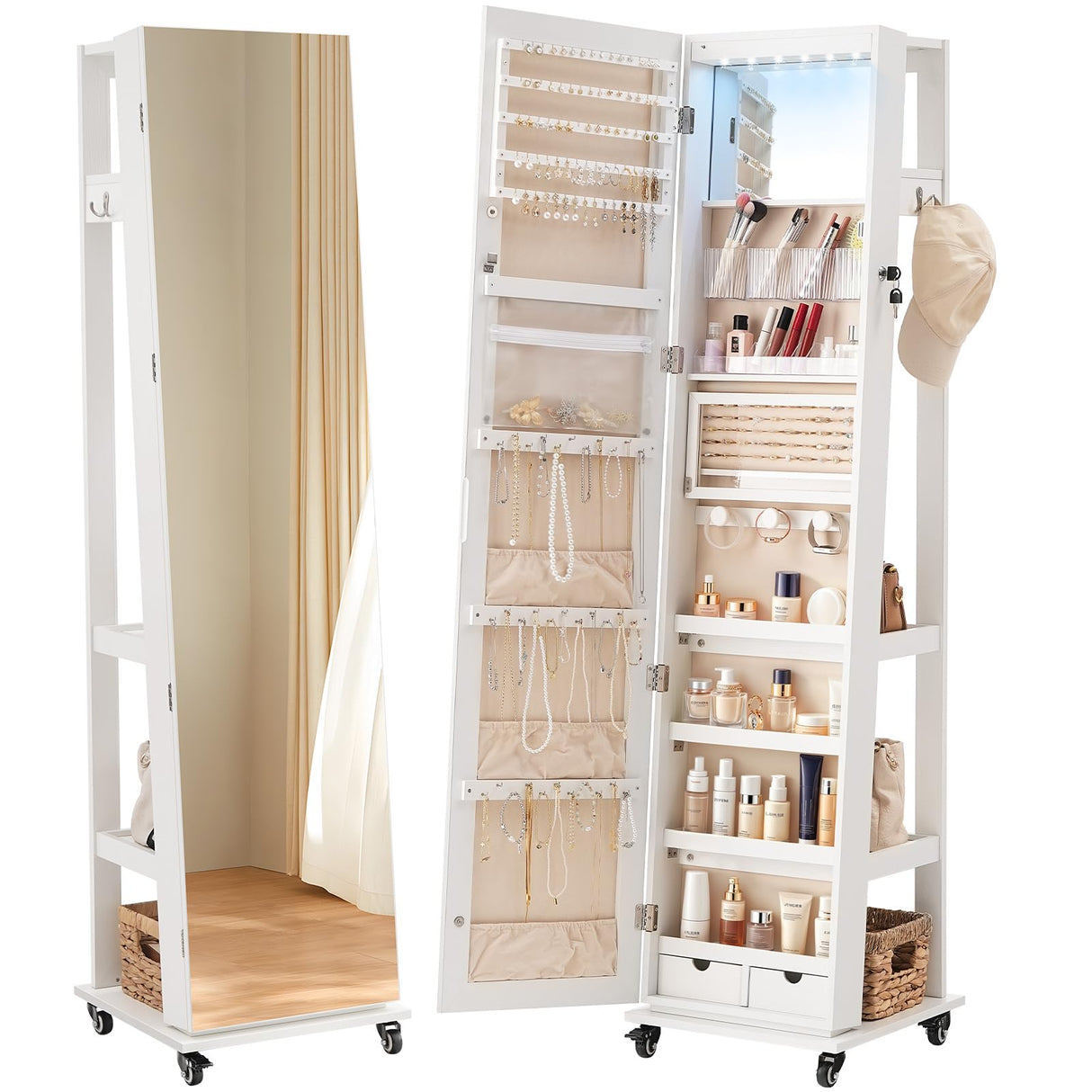 HOOBRO LED Lockable Jewelry Cabinet, Jewelry Organizer on Wheels, Standing Jewelry Armoire, Frameless Full-Length Mirror 4 Storage Shelves Foldable Makeup Tray Jewelry Cabinet Armoire, White WT06JC04 HOOBRO