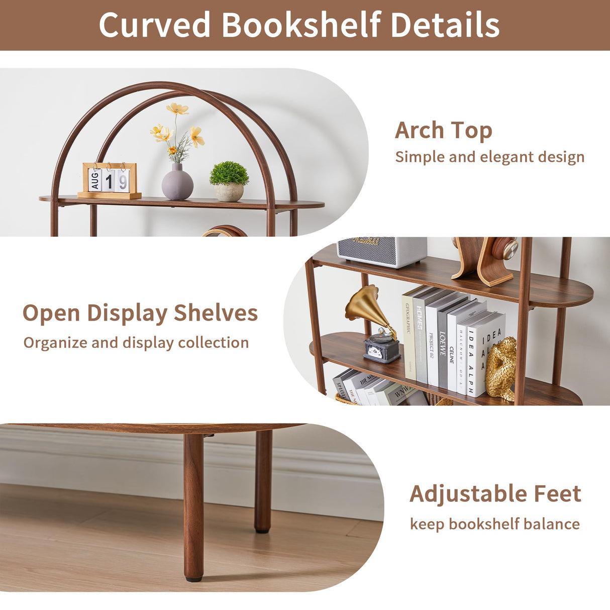 79" Tall Arched Bookshelf with Sliding Tambour Doors, Mid Century Modern Curved Bookcase Cabinet with Storage, 4-Tier Open Display Storage Shelf for Home Office,Living Room (Walnut, 79inch) Janmer Home