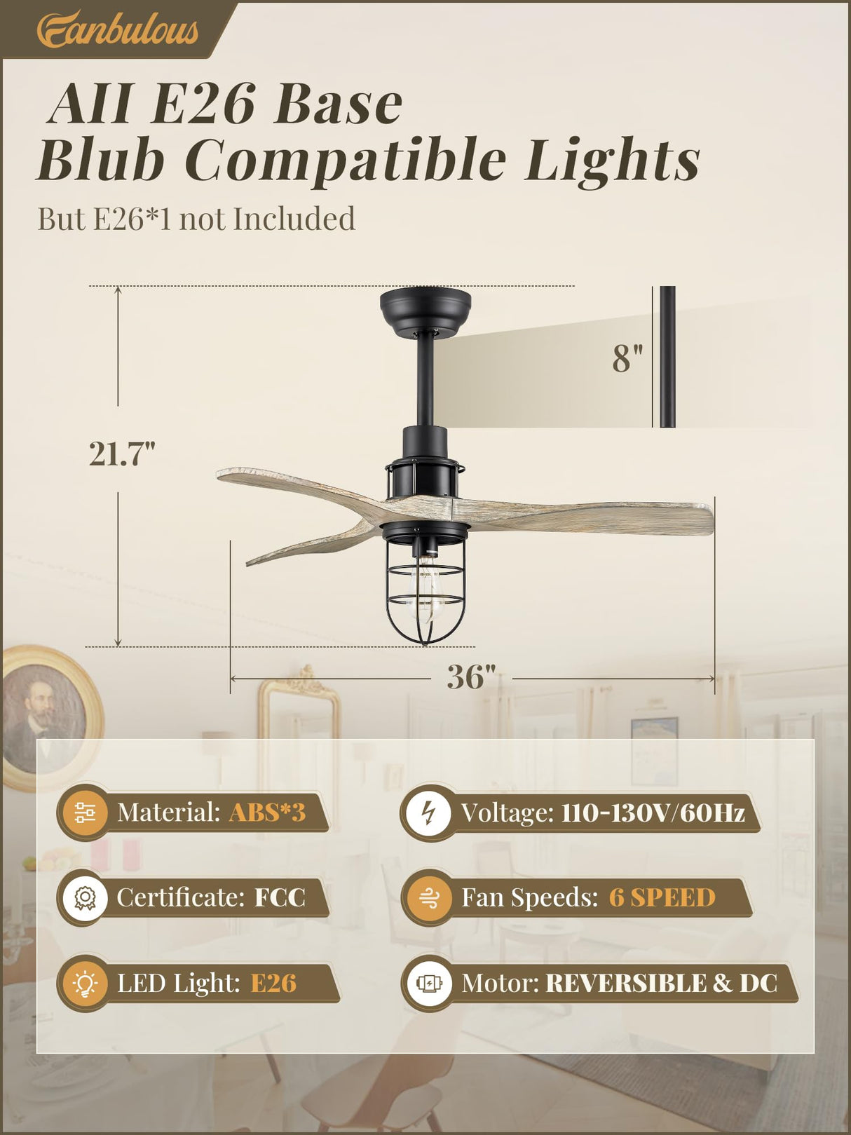 Fanbulous 36Inch Ceiling Fans with Lights and Remote Control Farmhouse Flush Mount Ceiling Fan with 6-Speeds,Low Profile Ceiling Fans with Quiet Reversible DC Motor for Patio Living Room Bedroom Fanbulous