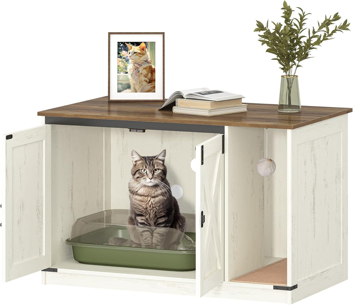 Hzuaneri Cat Litter Box Enclosure, Hidden Litter Box Cabinet Furniture with Bell, Indoor Cats House, Farmhouse Style, 39.4 x 21.7X 24.8 Inches for Hallway, Bedroom, Rustic Brown and White CB85214X Hzuaneri