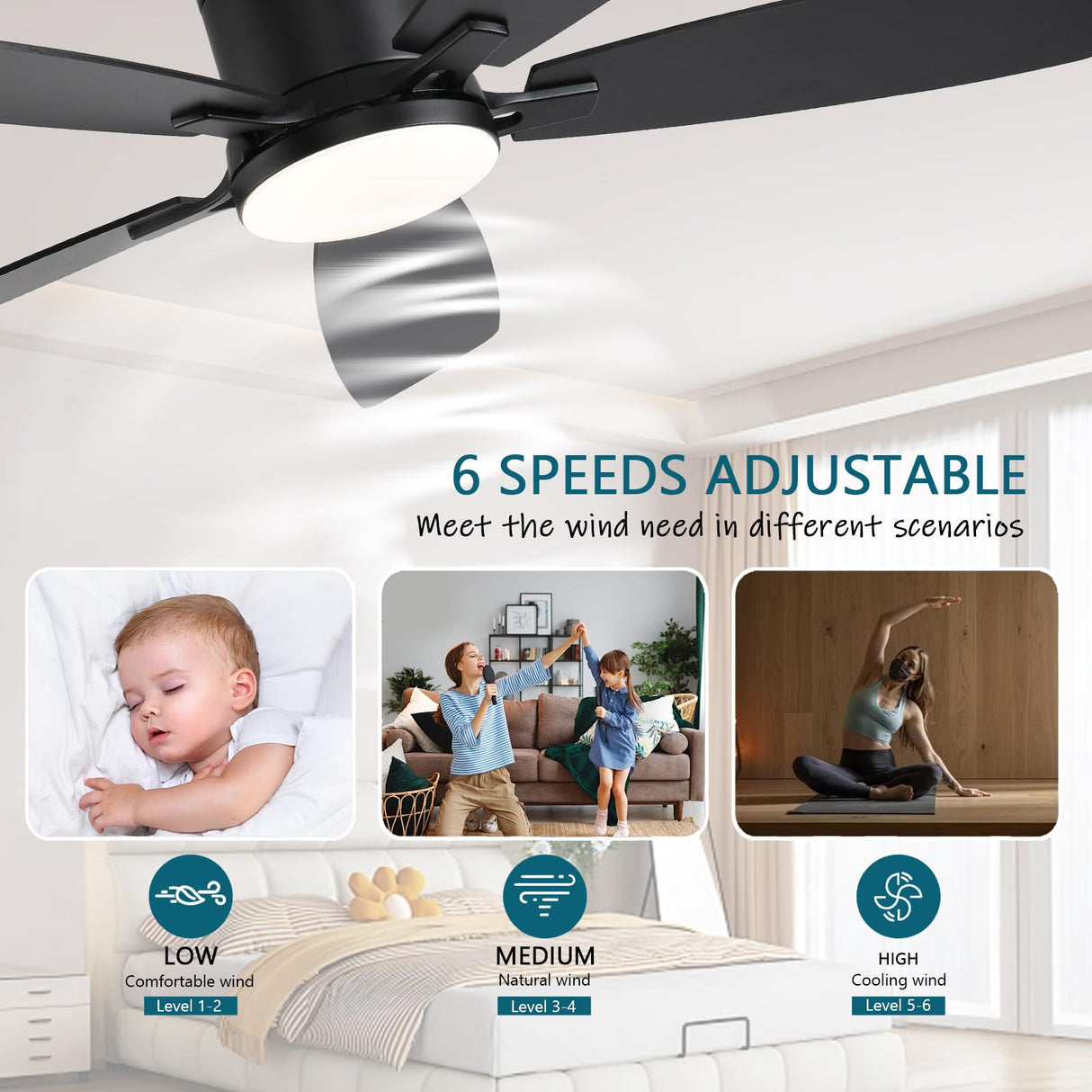 Ayaoty Ceiling Fans with Lights, 52 inch Low Profile Ceiling Fan with Light and Remote Control, Flush Mount, Reversible Motor, Dimmable, Noiseless, Black Ceiling Fan for Bedroom, Indoor/Outdoor Use Ayaoty