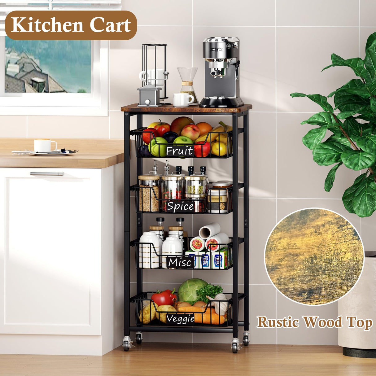 OKZEST Fruit Basket, 5-Tier Utility Kitchen Organizer and Storage Cart with Pull-Out Baskets and Wood Top, Rolling Pantry Kitchen Cart on Wheels for Fruit Potato Onion Vegetable Snack Produce OKZEST
