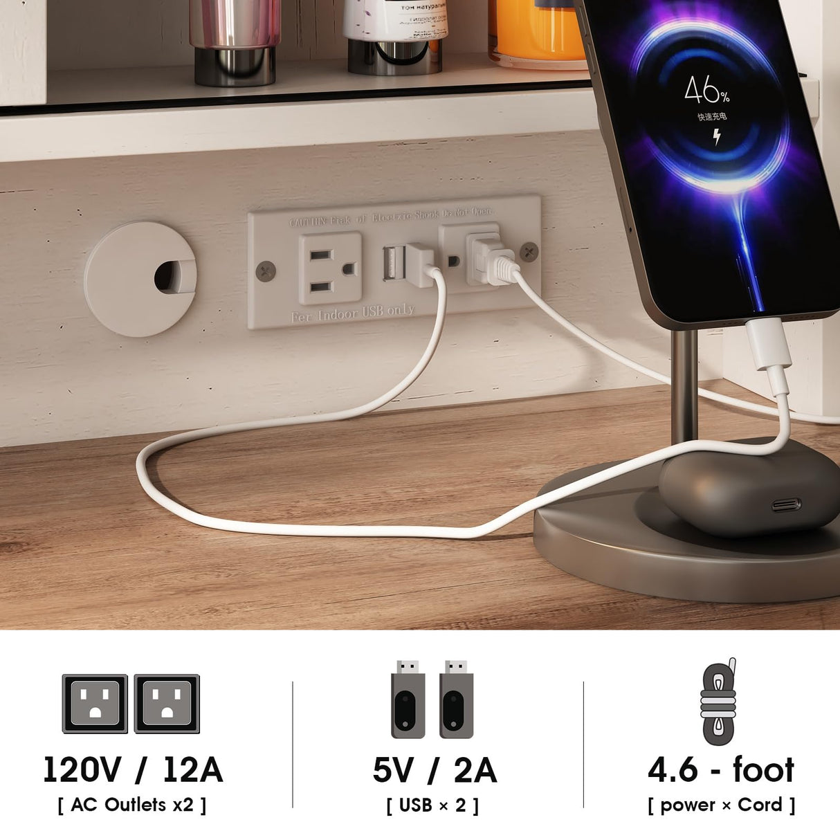 Fameill 45.5'' Farmhouse Makeup Vanity Desk with Sliding Mirror, Vanity Table with 3 Drawers and 2 Cabinets, Charging Station & LED Lights, Storage Shelves, Stool Included, Dressing Table for Bedroom Fameill