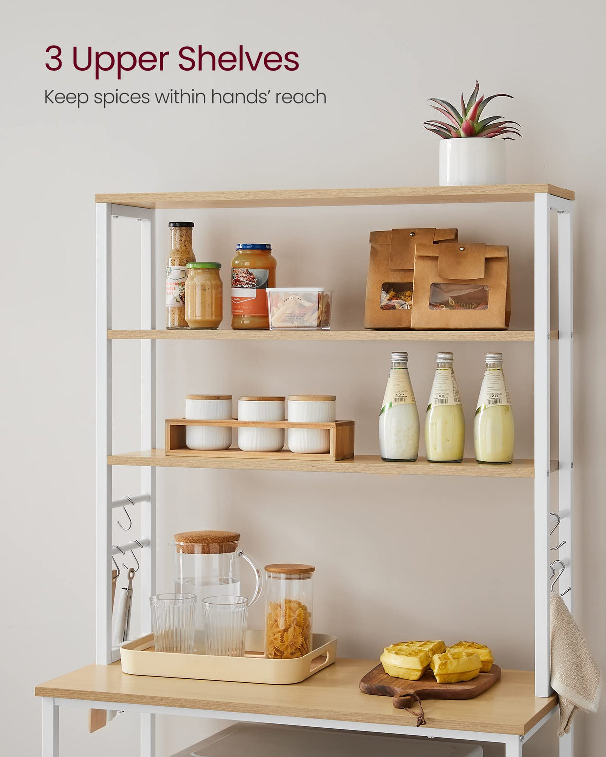 VASAGLE Oak + White 6-Tier Kitchen Baker's Rack with Adjustable Shelves & Hooks VASAGLE