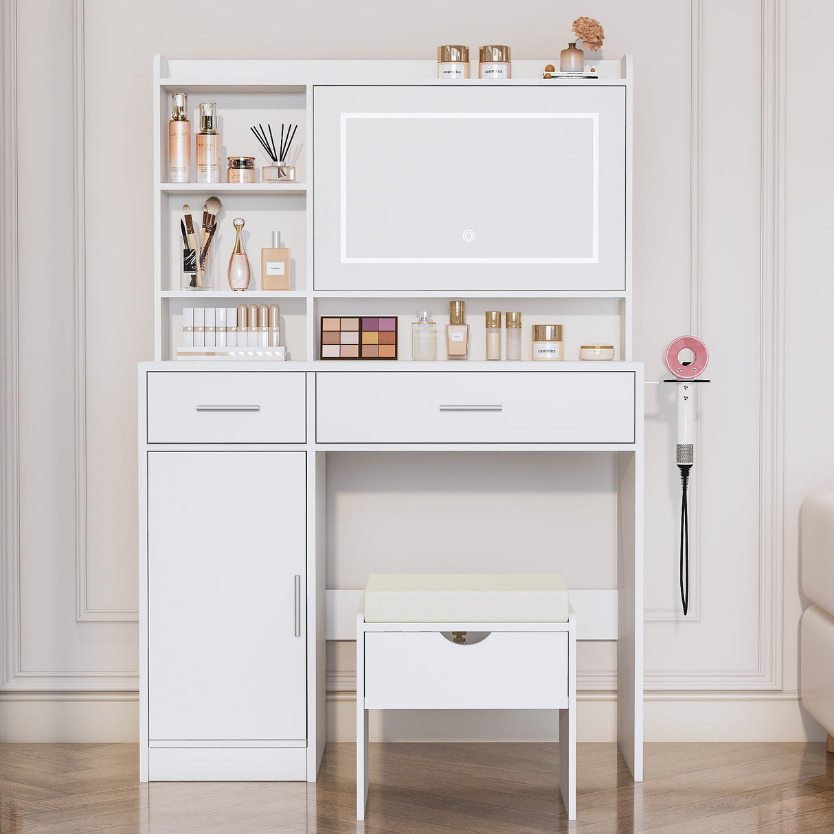 Viaozutis Vanity Desk with Mirror and Lights, with Hidden Shelves,4 Compartments,2 Drawers,Cabinet & Stool,Dimmable LED Lights,Power Outlets, Ideal for Bedroom Vanity Organization(White) Viaozutis