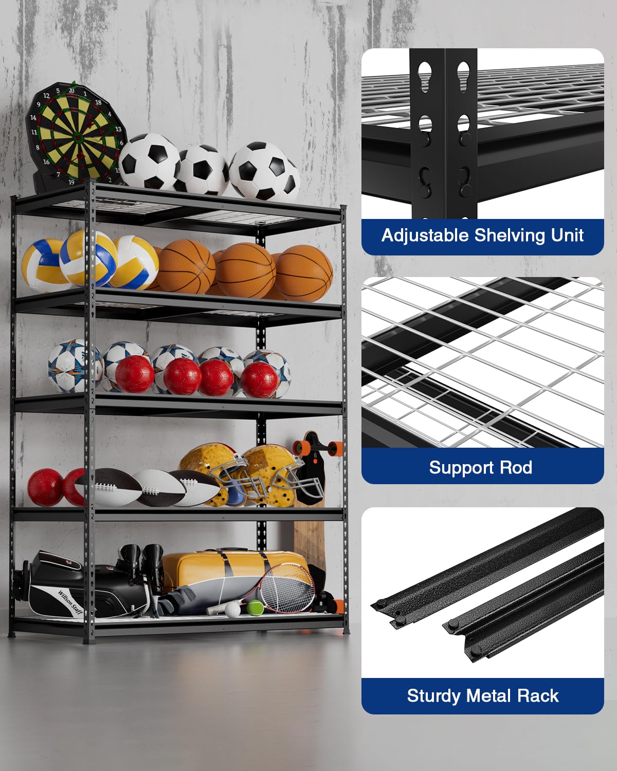 WORKPRO 5-Tier Heavy Duty Metal Shelving Unit, 72”H x 48”W x 24”D, Adjustable Storage Rack with 4000 lbs Capacity, for Garage, Basement, Workshop, Warehouse WORKPRO