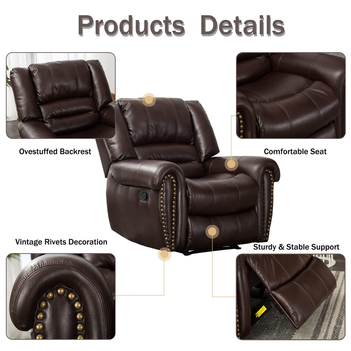 CANMOV Leather Recliner Chair, Classic and Traditional Manual Recliner Chair with Comfortable Arms and Back Single Sofa for Living Room, Brown CANMOV