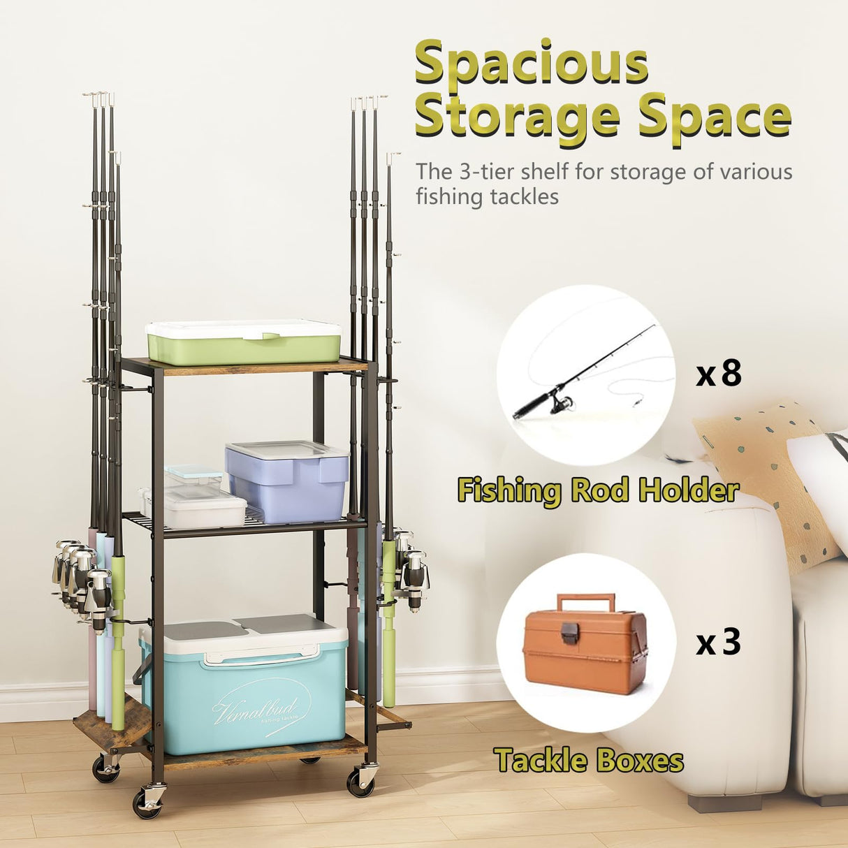 ZHOOGE Fishing Rod Holders for Garage, Fishing Pole holders Fishing Pole Rack Holds up to 8 Rods and Reel Combos, Fishing Gear Equipment Organizer Storage Solution for Garage Basement or Indoor ZHOOGE