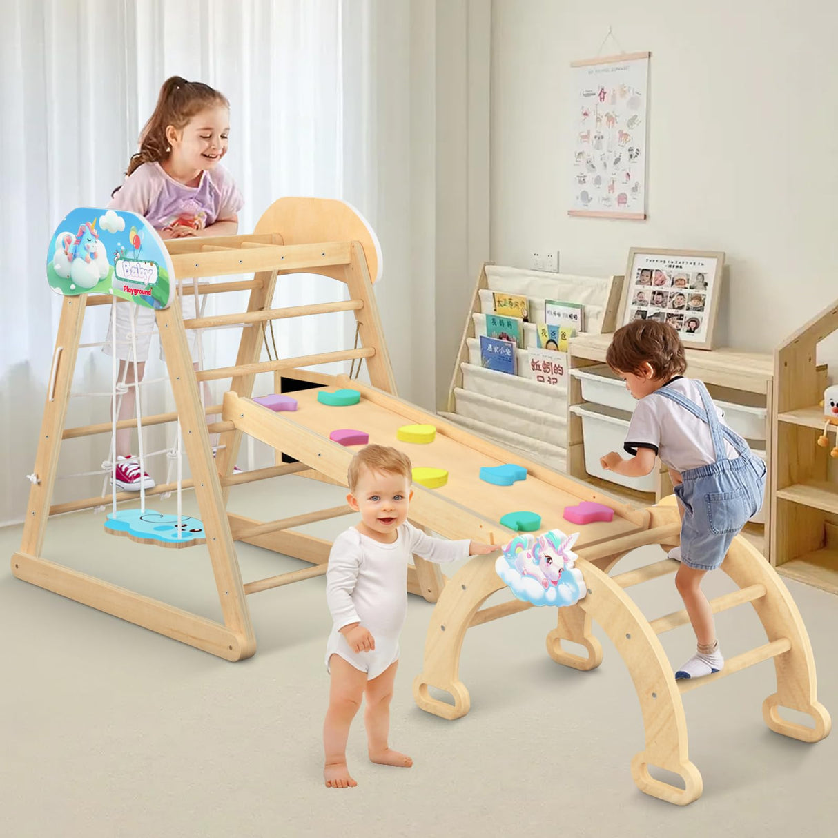 10 in 1 Pikler Triangle Set, Wooden Toddler Climbing Toys, Montessori Jungle Gym Indoor Playground with Swing Slides, Climbing Wall Net, Arch for Kids Boys and Girls Andrti