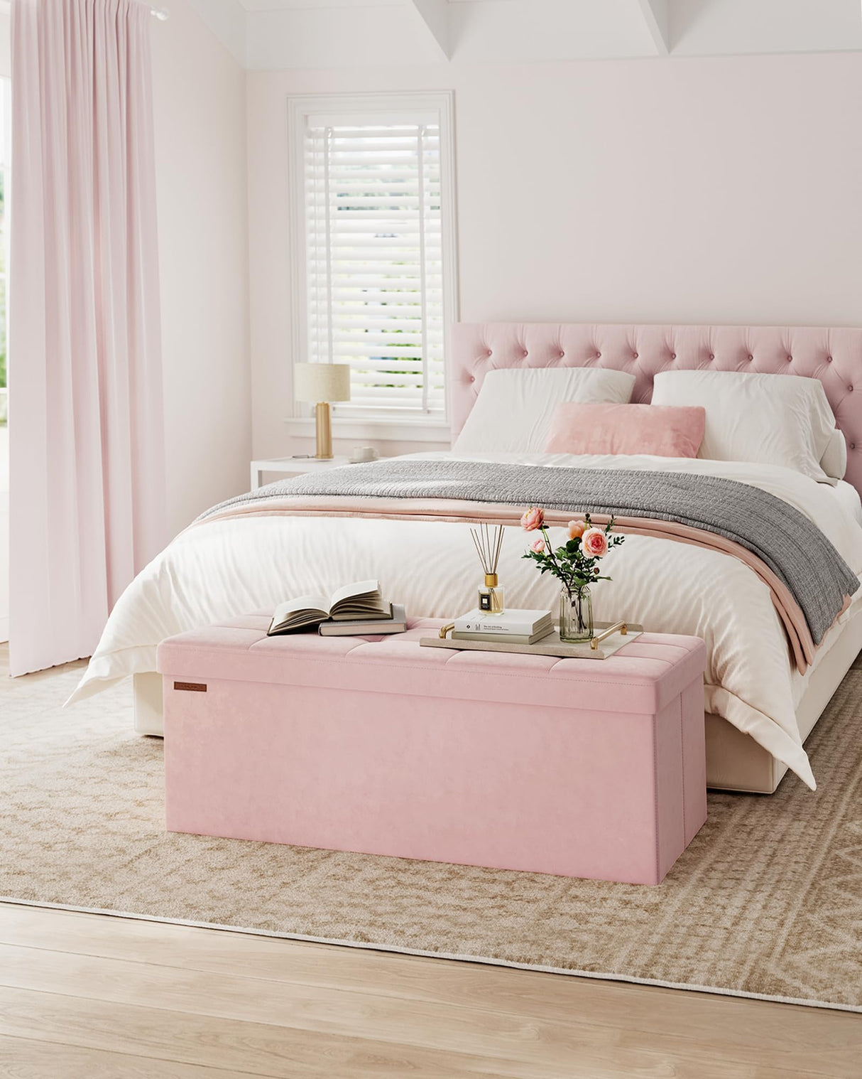 SONGMICS Storage Ottoman Bench, Foldable Ottoman Foot Rest, 15 x 43 x 15 Inches, End of Bed Bench, Storage Chest, Load up to 660 lb, for Living Room, Bedroom, Entryway, Jelly Pink ULSF277R01 SONGMICS