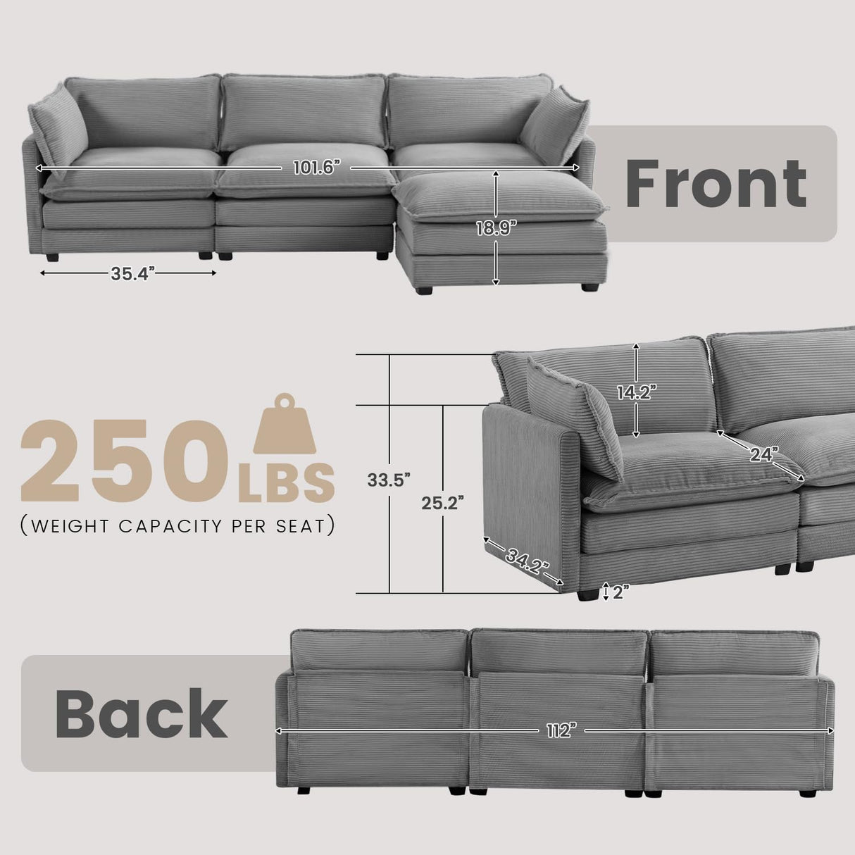 ROWHY Oversized Modular Sectional Sofa with Movable Ottoman, 112 Inch 4 Seat Modern Corduroy Sofa Set, Convertible L Shaped Couch for Living Room and Office, Dark Grey ROWHY