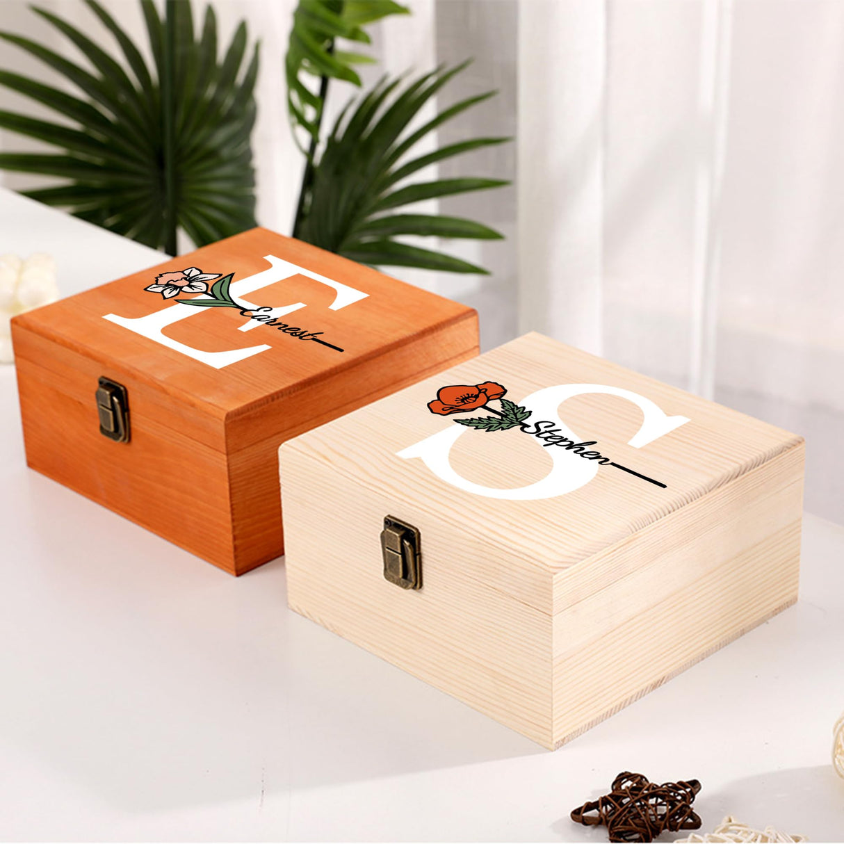 Personalized Wooden Keepsake Memory Box with Birth Flower & Name, Custom Wood Decorative Storage Box with Lids Customized Christmas Gift Box for Cooayyaooc