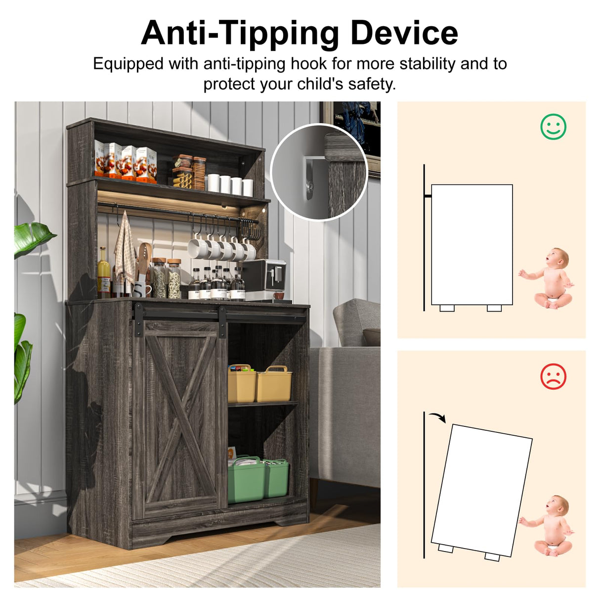 Linkriseed Farmhouse Coffee Bar Cabinet with LED Light, 55 Inch Bakers Rack with Storage, Large Coffee Bar Hutch with 6 Hooks and Sliding Barn Door for Living Dining Room, Dark Gray Linkriseed