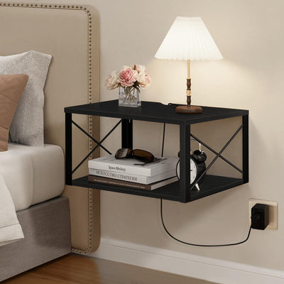 Homode Floating Nightstand, 2 Tier Wall Mounted Nightstand with Cable Hole, Wooden Floating Bedside Table, Bedside Wall Shelf for Bedroom Bathroom Living Room Kitchen Office, Black