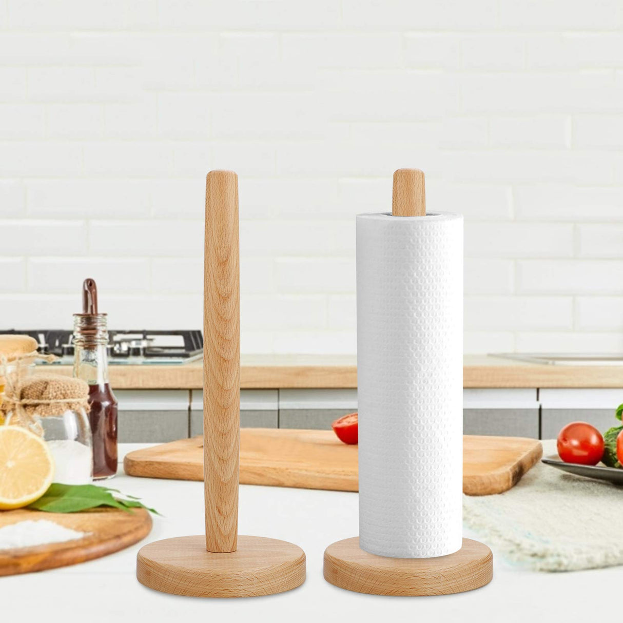 Bamboo Paper Towel Holder,DNIEBW Kitchen Paper Holder Countertop Stand up Towels Roll Stand Organizer Simply Standing Countertop Wooden Paper Fits Standard Roll Holder for Cabinet (Round Bottom) DNIEBW