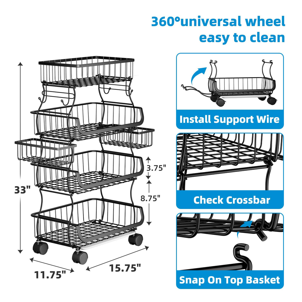 Simple Trending 4 Tier Rolling Cart, Stackable Fruit Vegetable Basket with Wheels and 2 Hanging Basket, Kitchen Storage Metal Wire Basket Stand for Vegetable Bread Snacks, Black Simple Trending