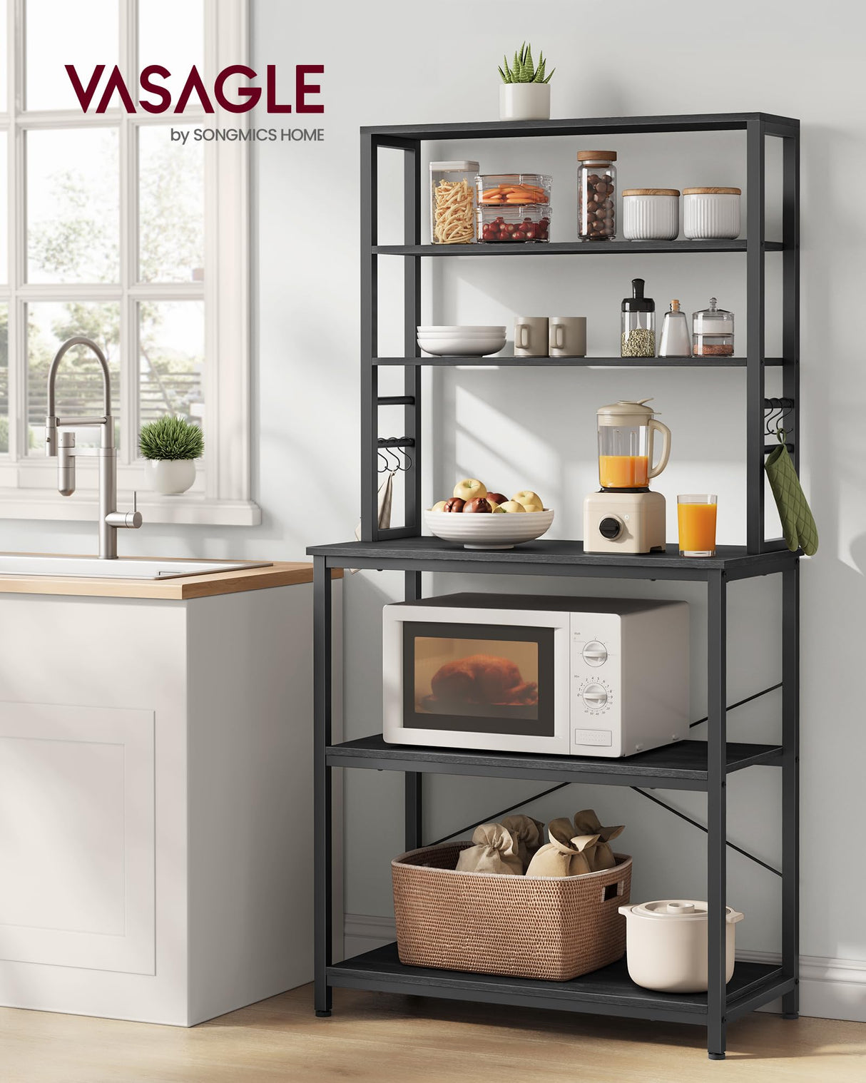VASAGLE Coffee Bar, 31.5 Inches Baker's Rack for Kitchen with Storage, 6-Tier Kitchen Shelves with 6 Hooks, Microwave Stand, Industrial, Charcoal Gray and Black UKKS019B22 VASAGLE