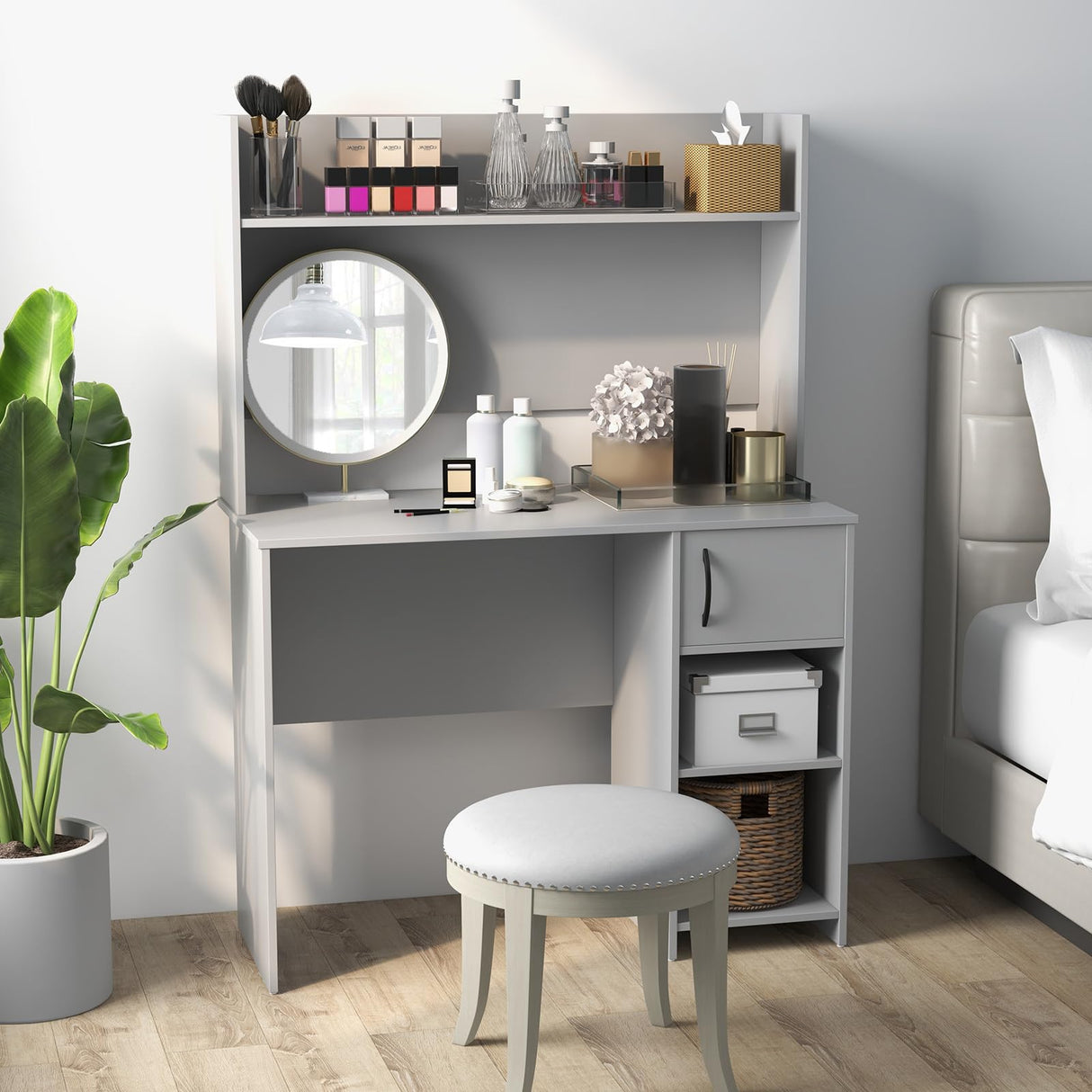 Giantex Computer Desk with Hutch, Home Office Desk with Storage Cabinet & Adjustable Shelf, 2 Cable Holes, Modern Laptop PC Desk Computer Workstation for Working, Study Writing Desk for Bedroom, Gray Giantex