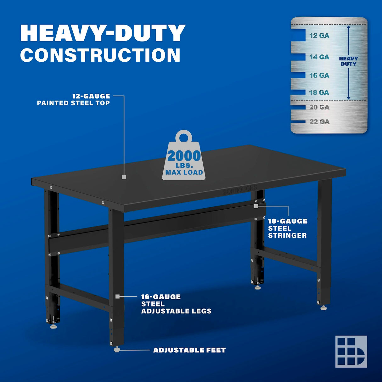 Borroughs 60" Adjustable Workbench, Painted Steel Top Heavy-Duty Workstation, 2000 LB Capacity Worktable for Workshop, Garage, School, Office, Home, 60" W x 34" D Borroughs