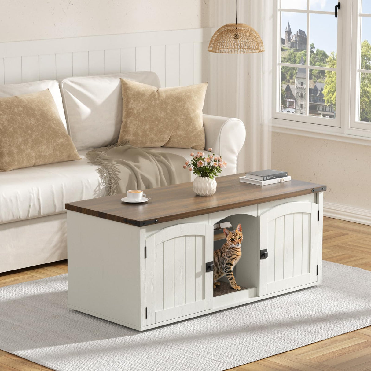 Halitaa Double Cat Litter Box Enclosure, Hidden Litter Box Furniture for 2 Cats, Farmhouse Cat House with Scratch Pad for 2 Litter Boxes, Wooden Enclosed Litter Box Furniture, Entryway Bench, White Halitaa