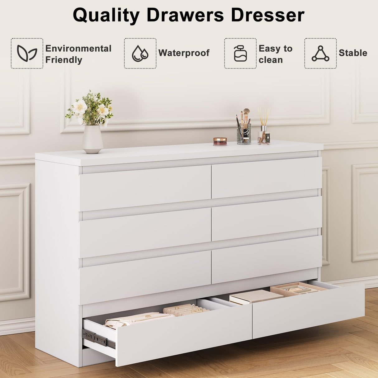 Jocoevol Modern White 8 Drawer Dresser for Bedroom, 15.3" D x 55.2" W x 32.3" H Simply Chest of Drawers, Wood Storage Dresser with Deep Drawers for Living Room Hallway Entryway, White Jocoevol