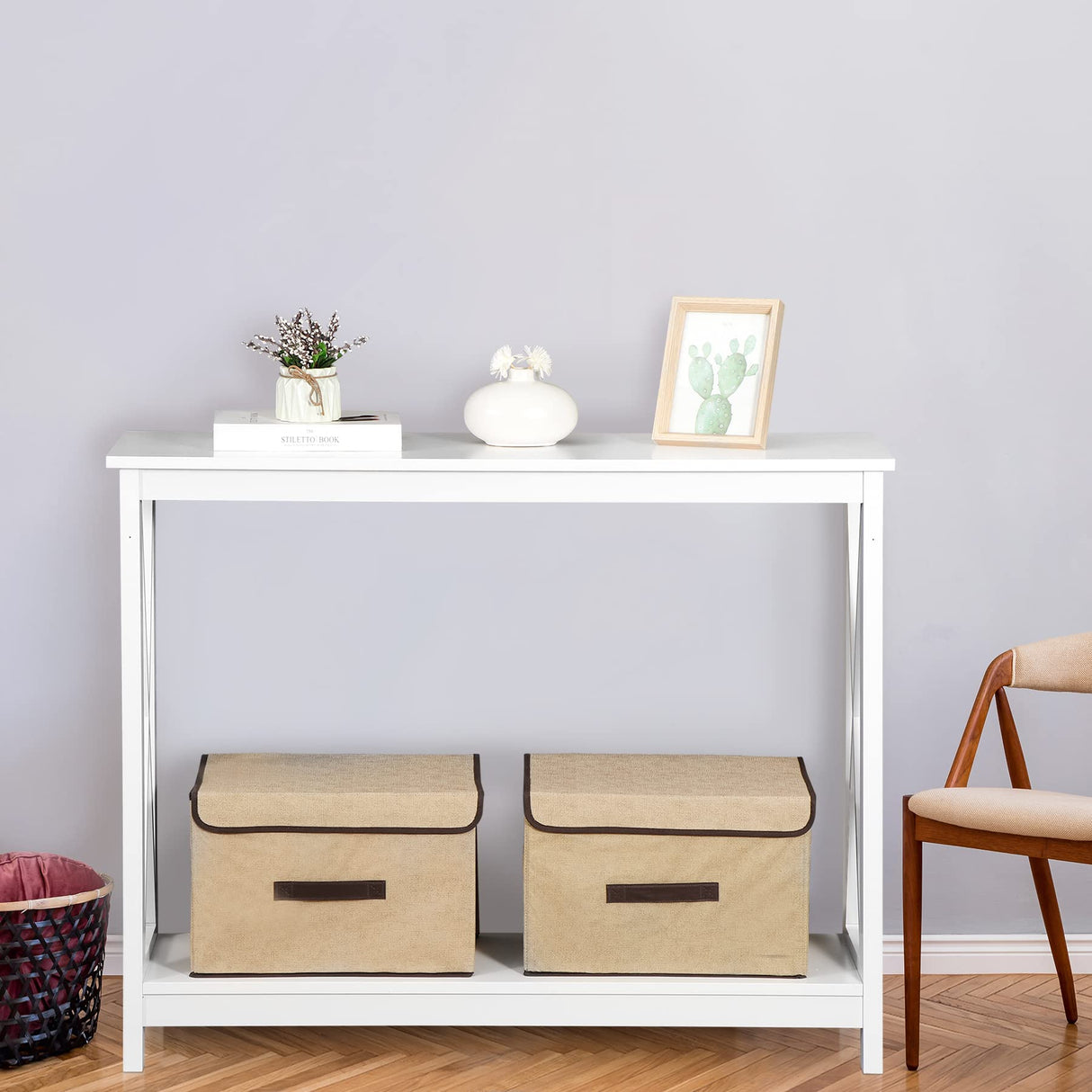 SUPER DEAL 2-Tier Narrow Console Sofa Side Table for Entryway/Hallway/Living Room, 39.3in L x 11.8in W x 31.6in H, White SUPER DEAL