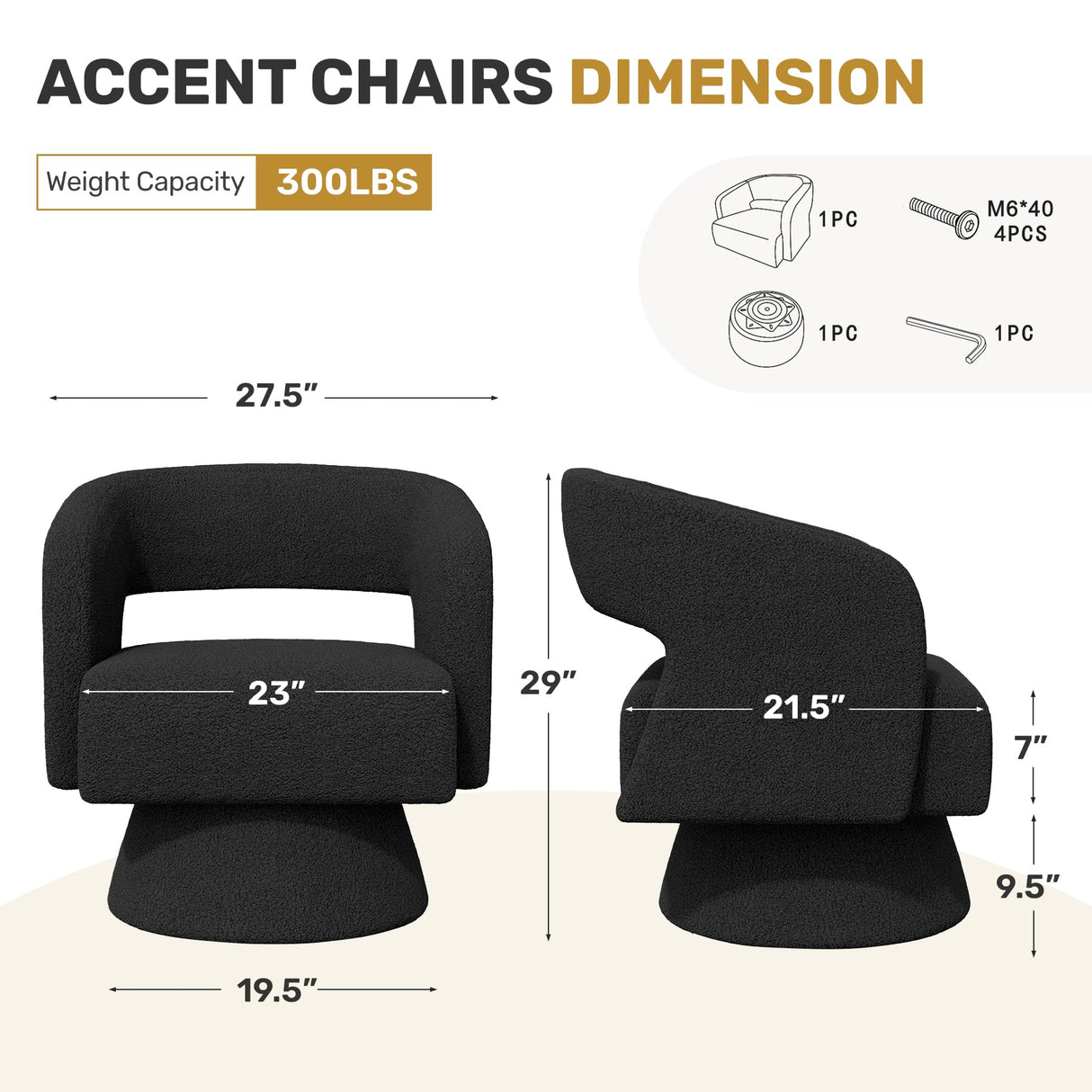 Nebuaegis Swivel Accent Chair Set of 2, Modern Comfy Teddy Barrel Chairs, Oversized Upholstered Round Arm Chair for Living Room, Bedroom, Reading Room, Black Nebuaegis