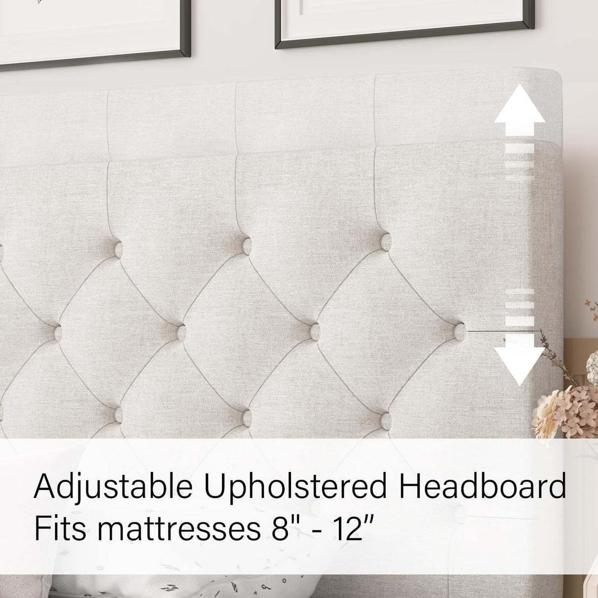 HOMBCK Queen Bed Frame with Headboard, Linen Fabric Upholstered Bed Frame Queen, Wood Slats Support, Button Tufted, No Box Spring Needed, White HOMBCK