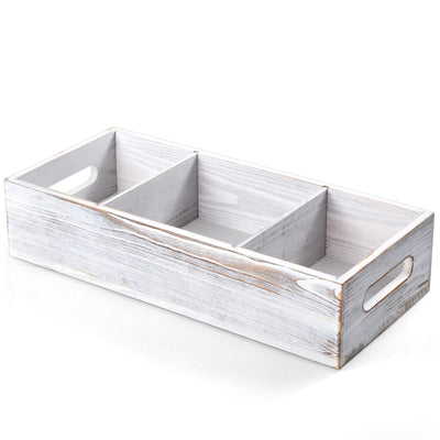 14 Inch Farmhouse White Bathroom Basket with Removable Dividers - 3 Comparments Wood Toilet Paper Basket for Back of Toilet Tank Topper - White Storage Organizer for Bathroom Pantry Organization