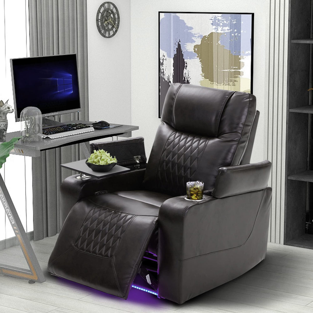 Merax Electric recliner chair with USB Charge Port, 360 Swivel Tray Table, Hand in-Arm Storage, and Cup Holders, ambient lighting Gaming Home Theater Seating Merax