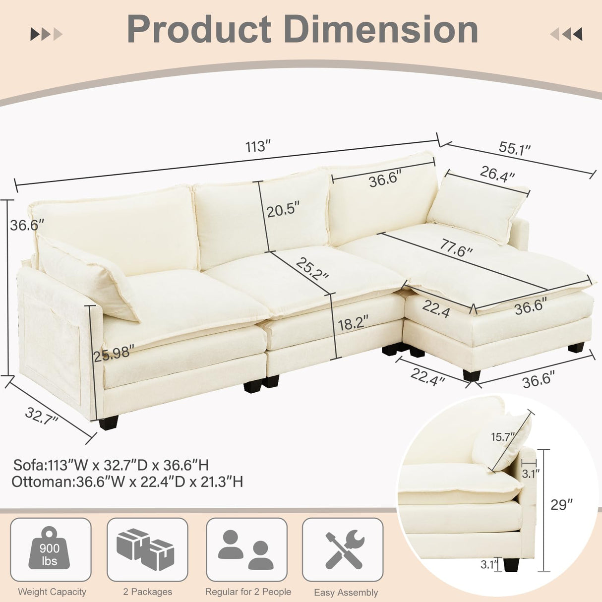 SAMERY Sectional Sofa Cloud Couch, 113" Big Comfy Couch L Shape Sofa Couch for Living Room Extra Deep Seat Sofa Couch Chenille Sofa Sleeper with Ottoman/Pillows, Cream White 3 Seat Sofa Cloud Couch SAMERY