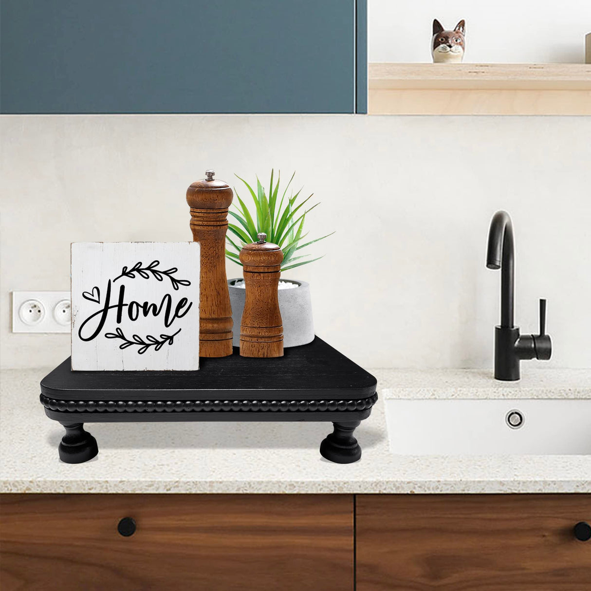 dwellington Farmhouse Display Wood Riser, 12" Decorative Black Beaded Pedestal Stand, Square Tiered Tray Decor for Kitcher Decor, Countertop dwellington