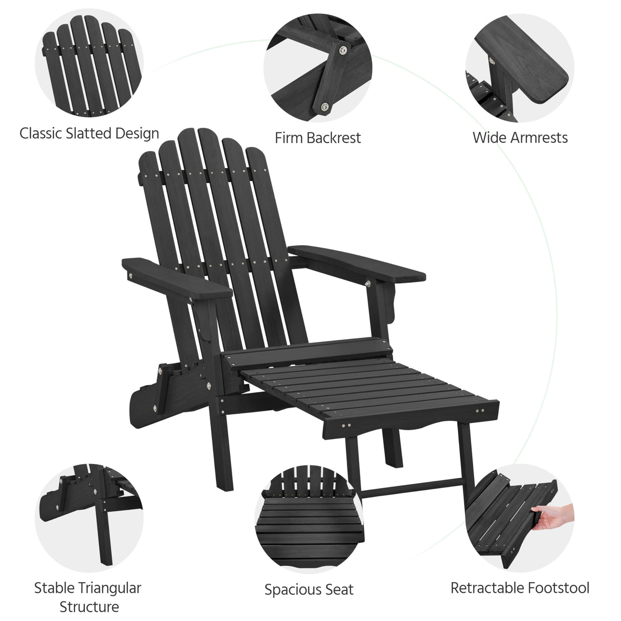 Yaheetech Folding Adirondack Chair Set of 2 with Retractable Ottoman 300lb Solid Wood Garden Chair, Fire Pit Lounge Chairs Weather Resistant Furniture for Garden/Yard/Patio/Lawn, Black Yaheetech