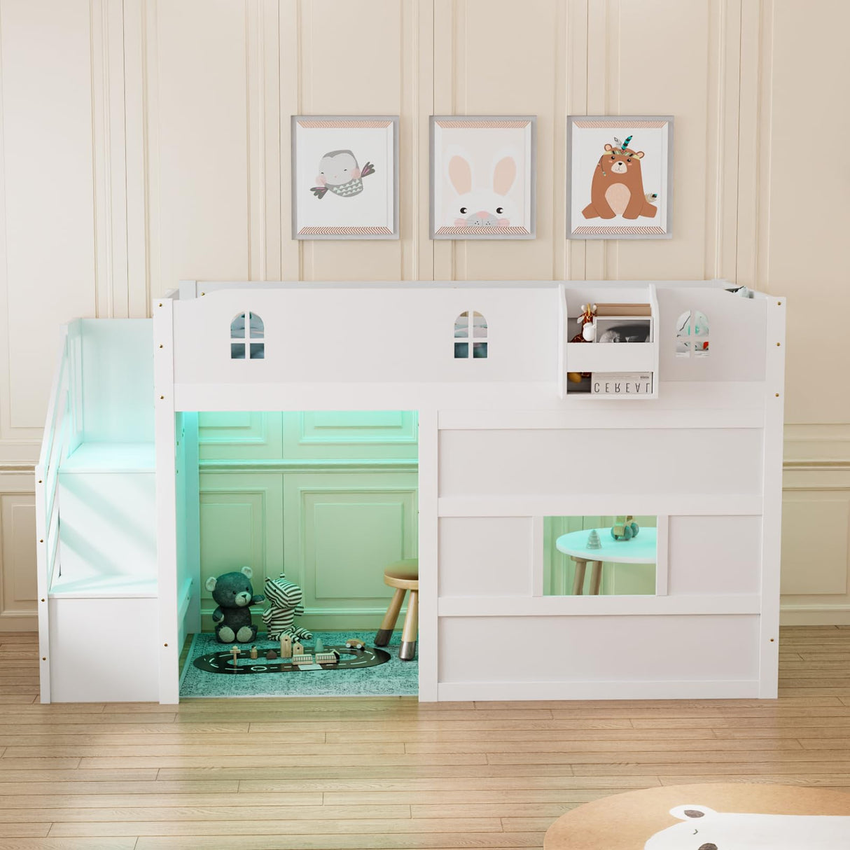 JOYMOR Low Loft Bed with Led Light, Loft Bed Twin Size with Castle Guardrail and Window, Staircase and Book Rack, Smart APP Control, Twin loft Bed for Kids, Junior, No Box Spring Needed (White) JOYMOR