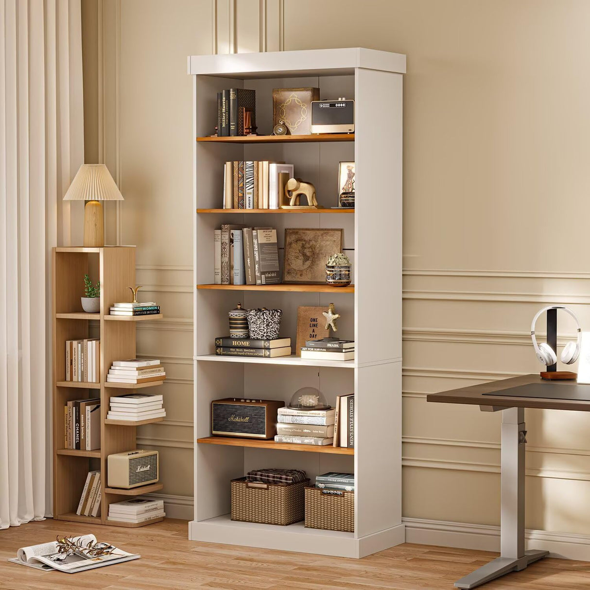 Vyre 70.8" Tall White Bookshelf, Farmhouse Modular Bookcase with 6-Tier Adjustable Shelves, Large Storage Cabinet for Home Office, Living Room, Set of 4 Vyre