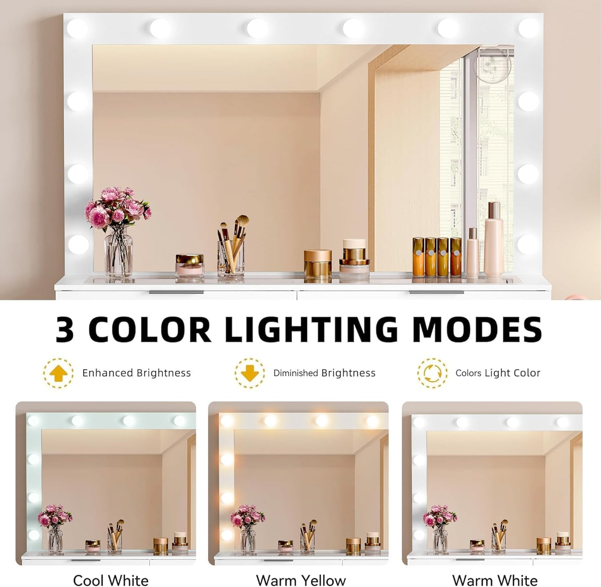 DWVO 46'' Glass Top Makeup Vanity with 10 Drawers, Vanity Desk Set with Large LED Mirror, Built-in Charging Station & Cushioned Storage Chair, Dressing Table with 3-Color Light Modes, Cream White DWVO