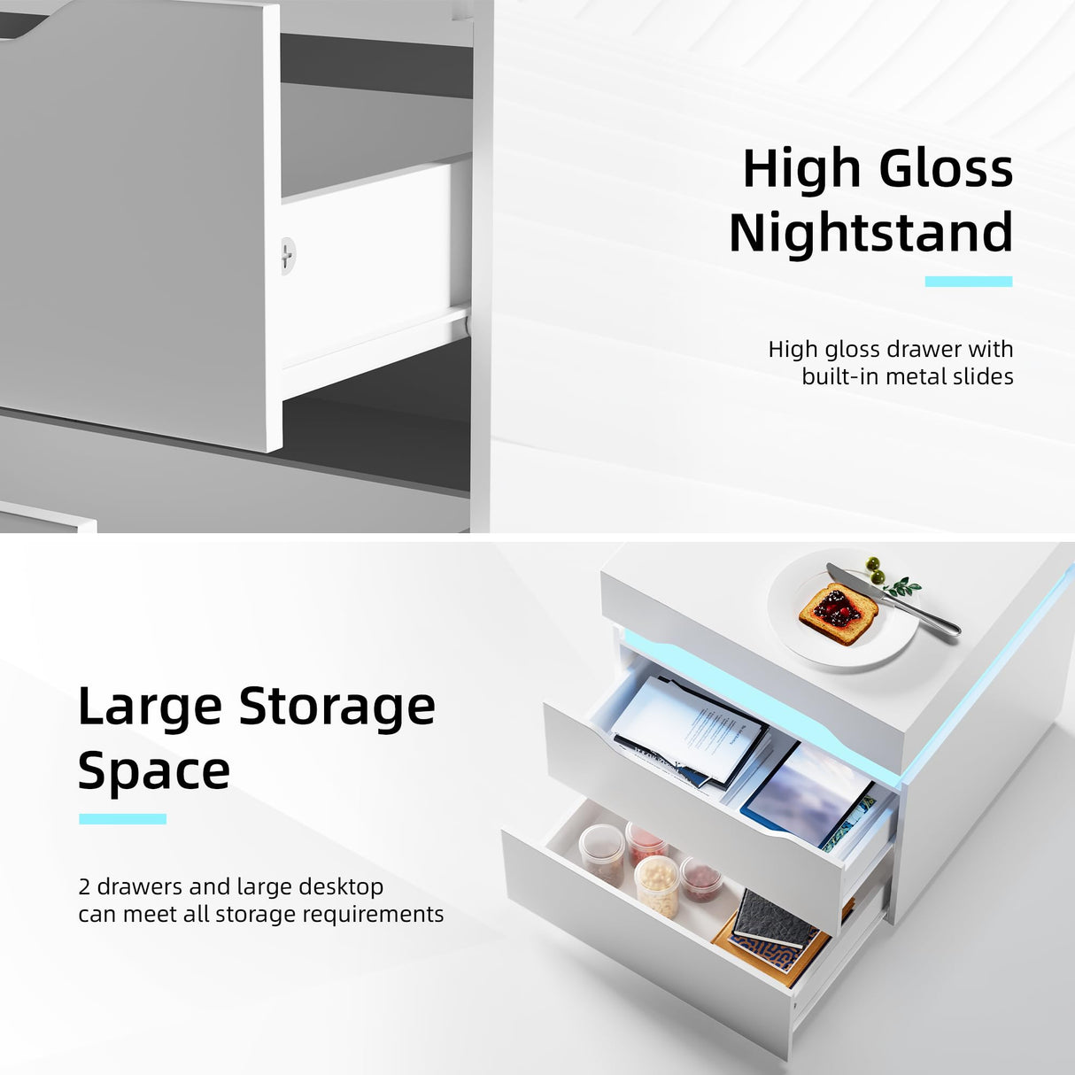 Flamaker LED Nightstand with Charging Station, End Table with 2 Drawer Storage Cabinet, Bedside Table with Sliding Top for Bedroom and Living Room (White) Flamaker