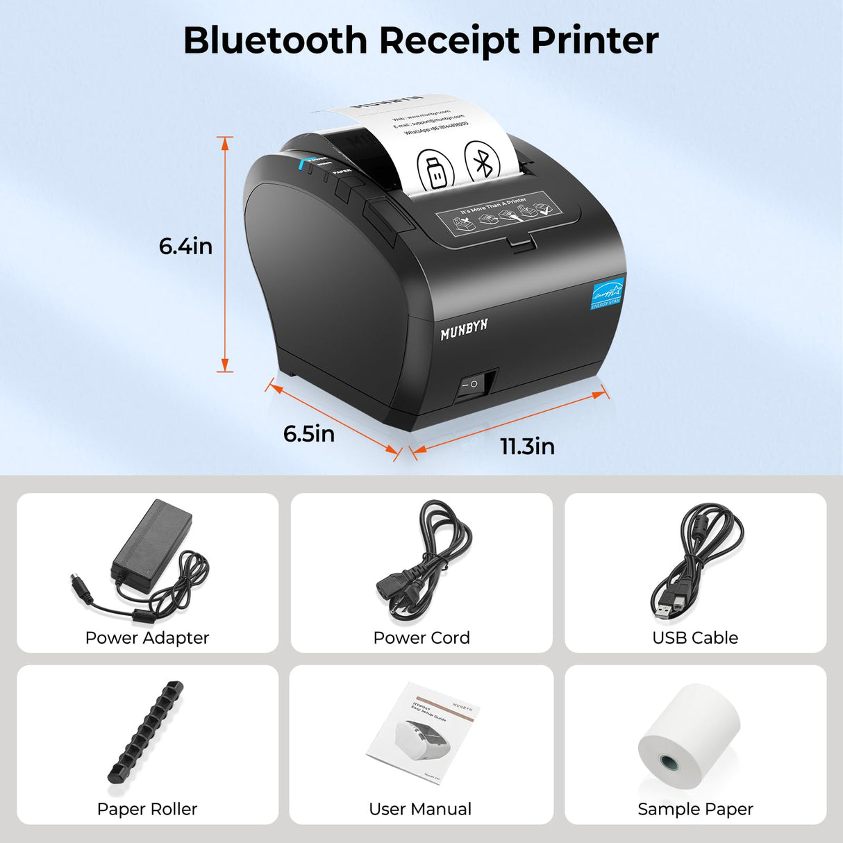 MUNBYN Bluetooth Thermal Receipt Printer P047, 80mm POS Printer, Thermal Printer with USB Serial Ethernet, Bluetooth, Support Android Windows PC (Do Not Support iOS Paypal Doordash Grubhub Vagaro) MUNBYN
