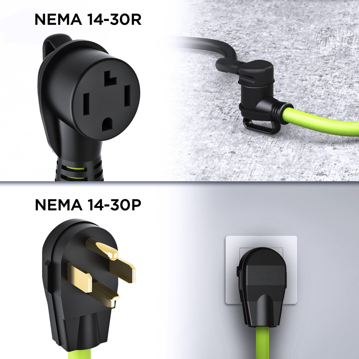 GEARit 30-Amp Extension Cord for Dryer and EV, 125/250-Volt, 4-Prong, Compatible with Tesla Model 3 Model Y Model X Model S, NEMA 14-30P to 14-30R, Level 2 EV Charging Cable STW 10AWG/4, 25 Ft, Green GearIT