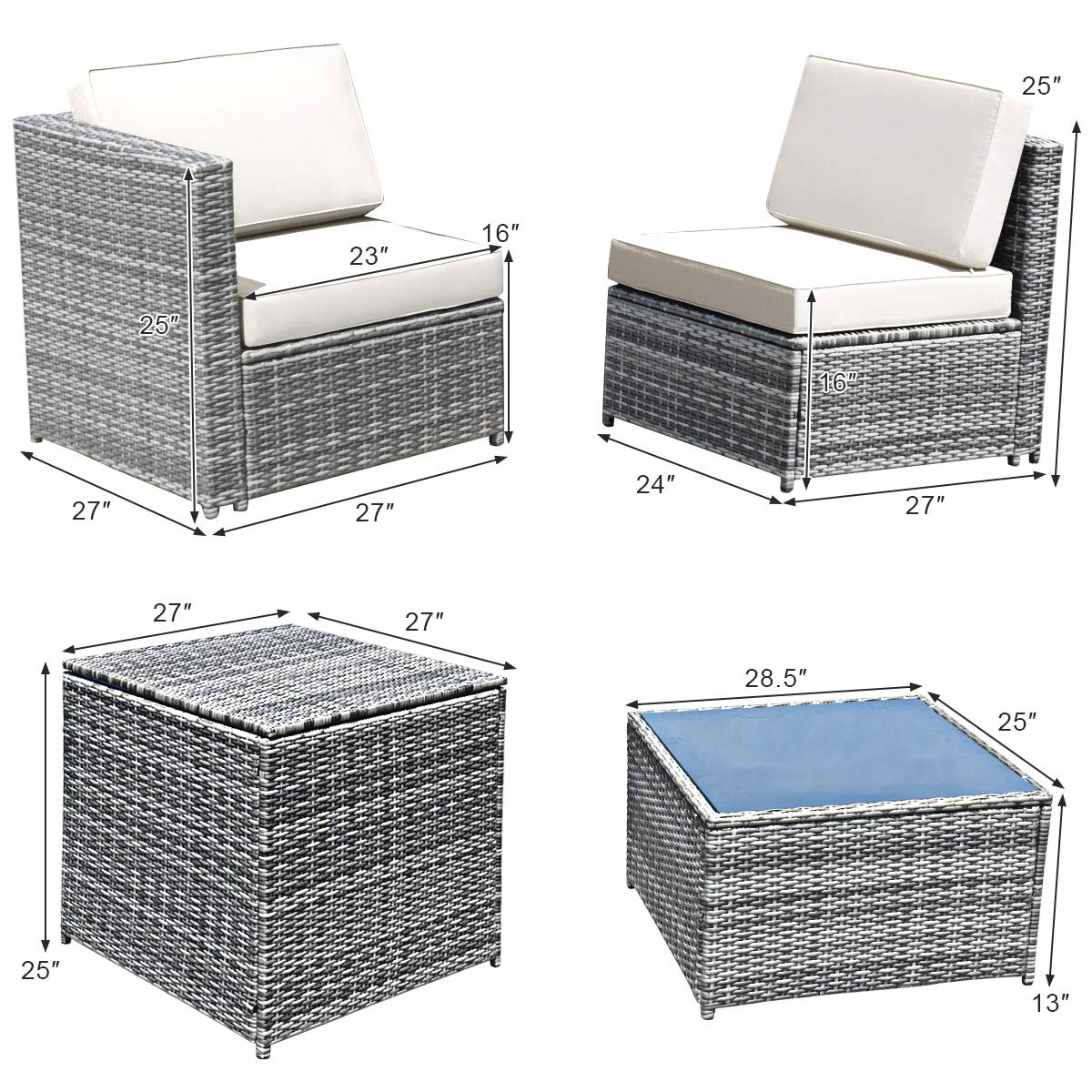 Tangkula 8 PCS Outdoor Patio Furniture Set, Rattan Wicker Sofa Set, Sectional Sofa Couch Conversation Set w/Storage Table and 12 Zippered Cushions for Garden Backyard Poolside (White) Tangkula