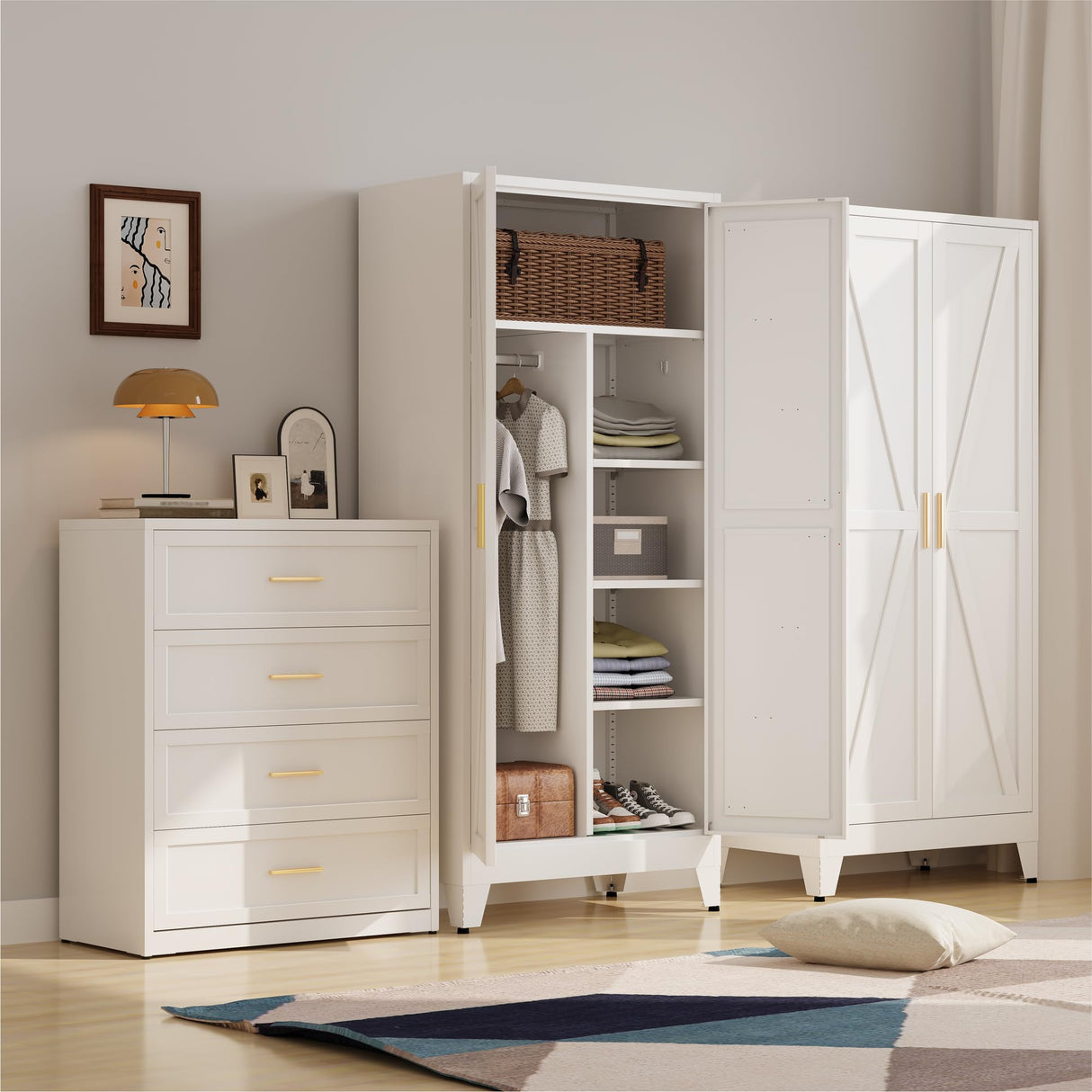 XIUSVON Metal armoire Wardrobe Closet with Hanging Rod,71'' Metal Wardrobe Cabinet with 2 Doors and 2 Adjustable Shelves, Bedroom armoires,Laundry Room cabinets,armario de ropa Closet(Modern, White) XIUSVON