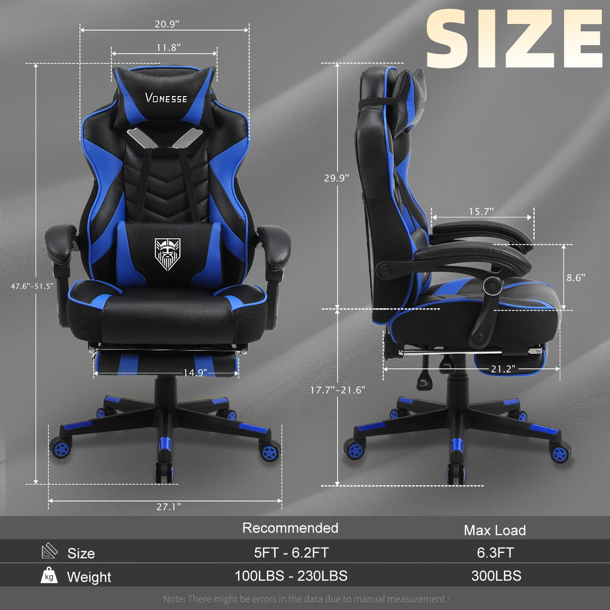 Vonesse Gaming Chair for Adults,Reclining Gamer Chair with High Back,Big and Tall Gaming Chairs with Footrest,Computer Chair with Massage(Black/Blue) Vonesse