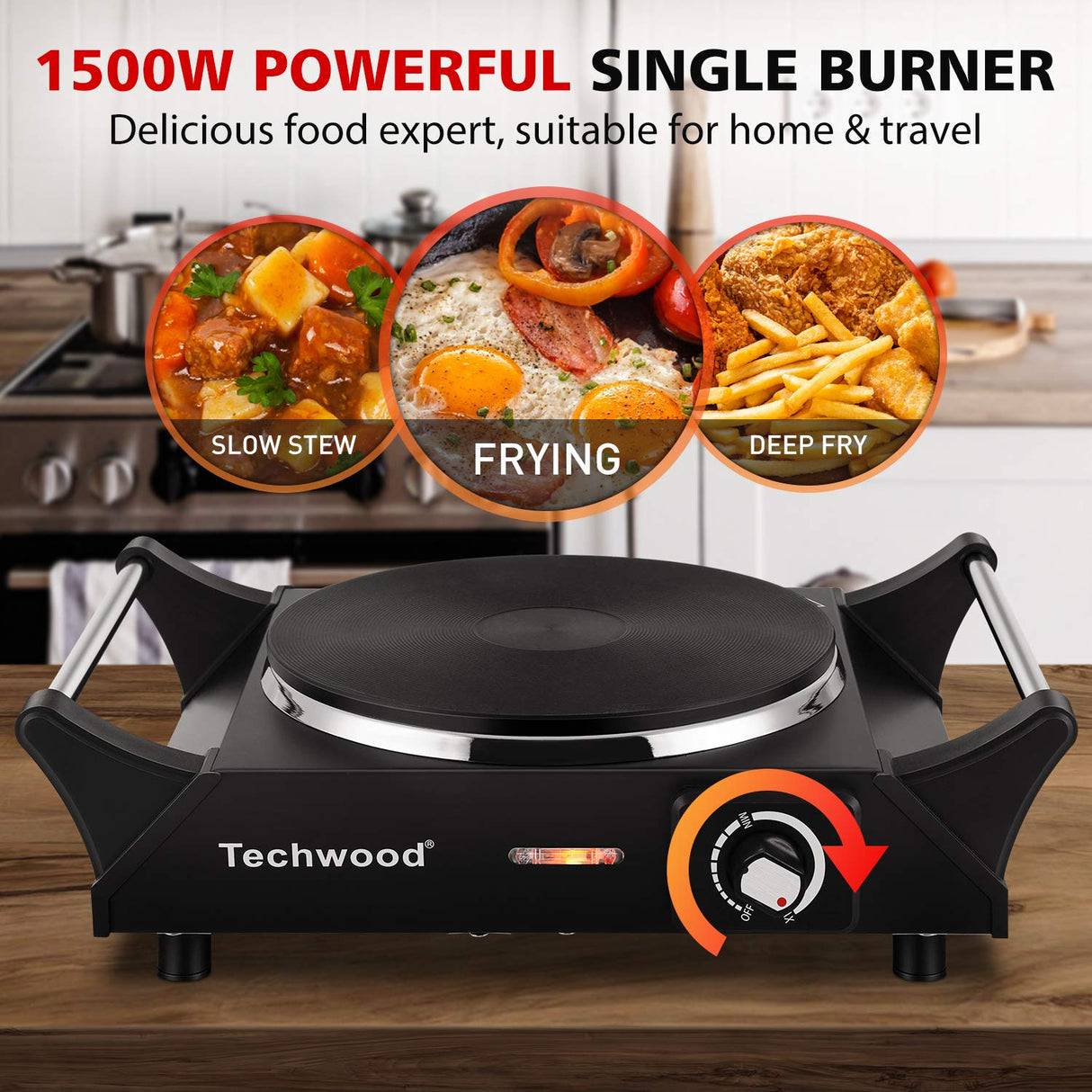 Techwood Hot Plate Portable Electric Stove 1500W Countertop Single Burner with Adjustable Temperature & Stay Cool Handles, 7.5” Cooktop for Dorm Office/Home/Camp, Compatible for All Cookwares Techwood