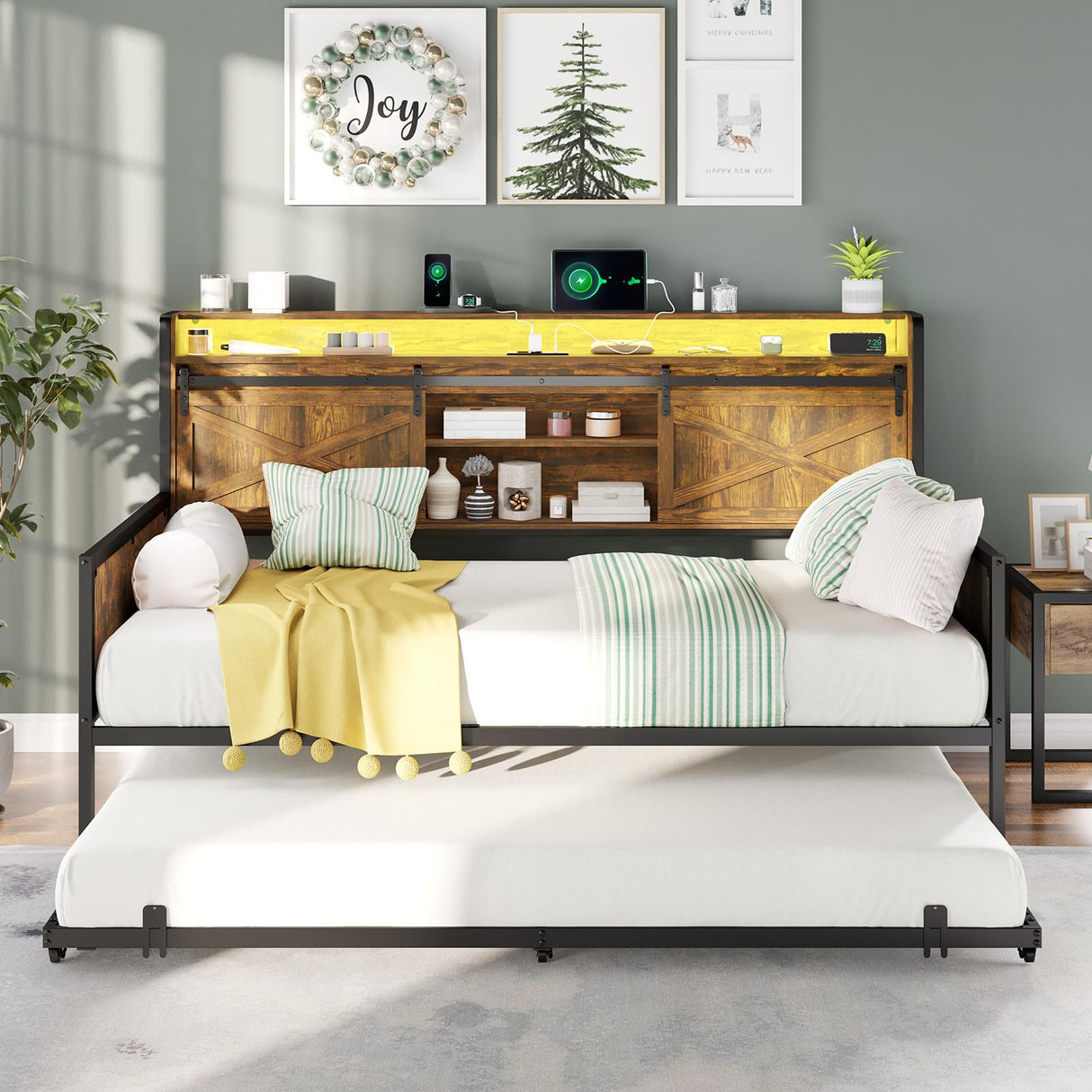 AMERLIFE Twin Daybed with Trundle, Farmhouse Daybed Frame with Sliding Barn Door Headboard and Charging Station & LED Light for Bedroom and Guest Room, Rustic Brown AMERLIFE